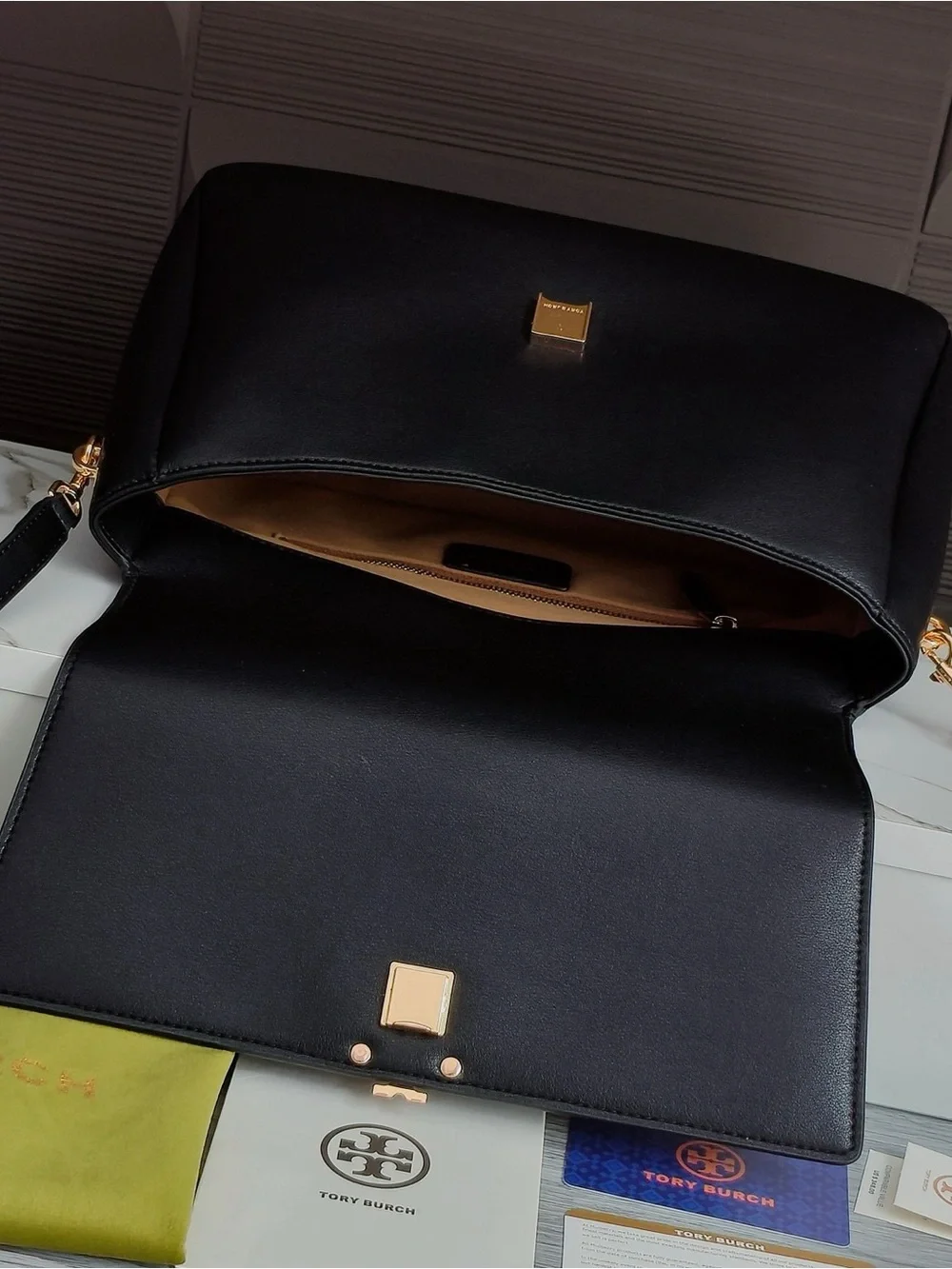 Tory Burch Black Leather Flap Shoulder Bag with Gold Hardware